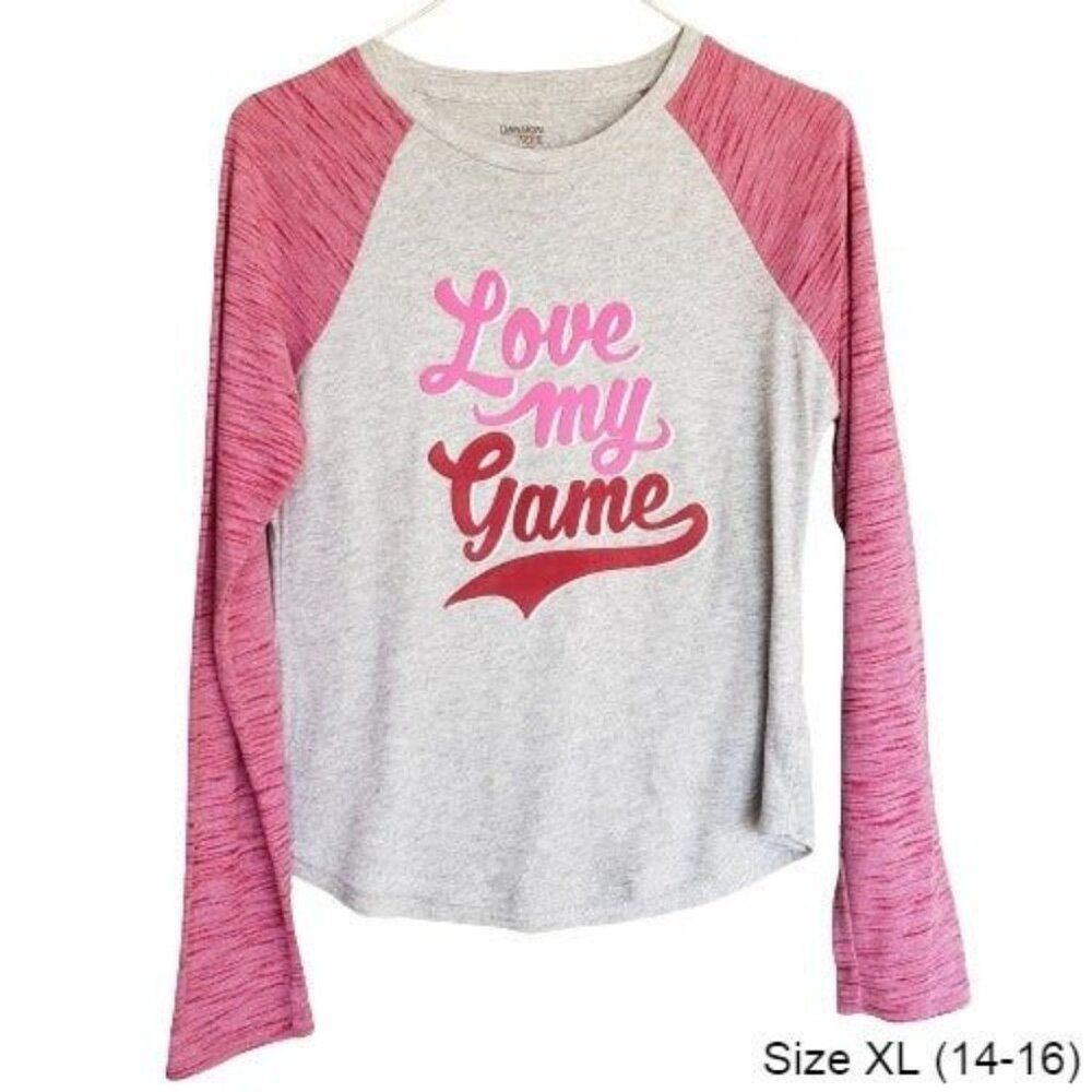 Danskin Womens LS Tee XL Pink Gray Love My Game Graphic Motivational Sportswear